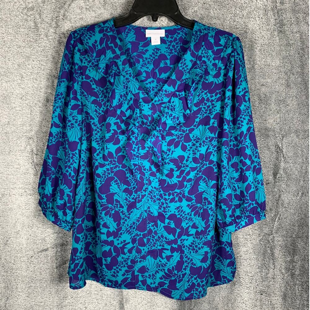 Liz Claiborne Top Womens Medium Purple Green Floral Corporate Cottage Office